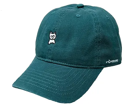 a green baseball hat with a cat on it Unstructured