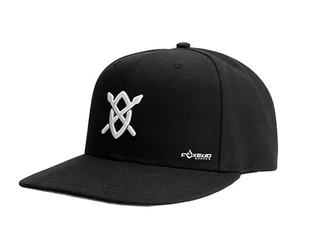 a black embroided hat with white logo