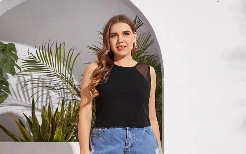 Woman wearing black Sheer or Mesh Tank Tops