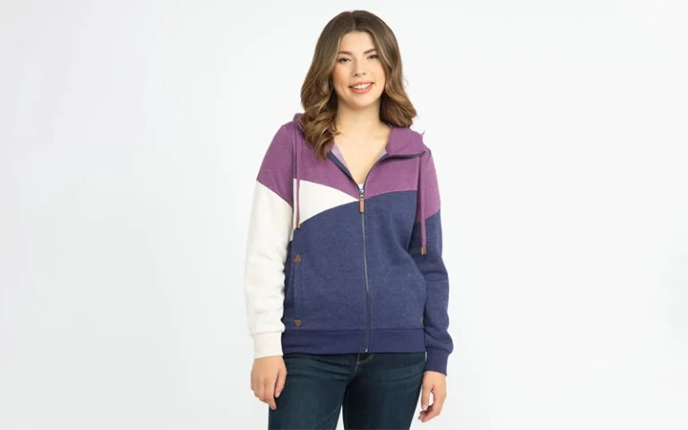 women weaing purple, white and blue color block hoodie