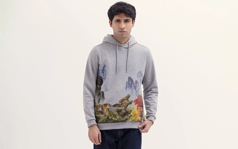 a boy wearing a graphic print hoodie, atypes from different types of hoodies