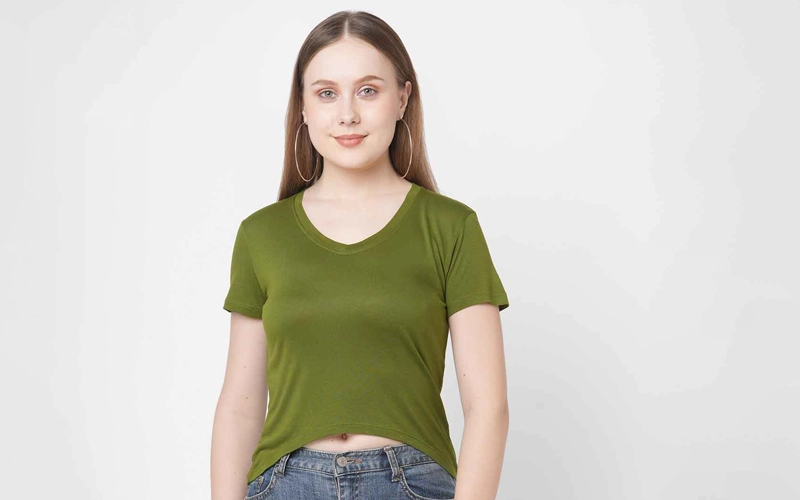 a women wearing green color High-Low Hem T-Shirts
