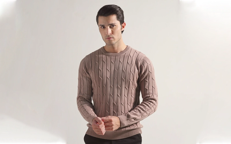 a man wearing a light brown Knitted Sweater 