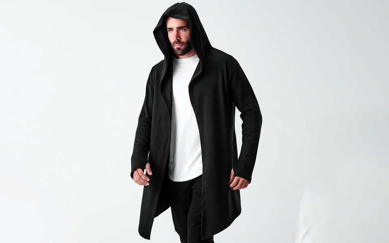 a man wearing ehite t shitr and a long sleeve Hooded Cardigans
