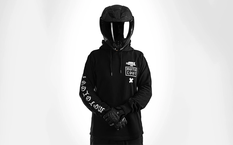 biker wearing a motorcycle hoodie