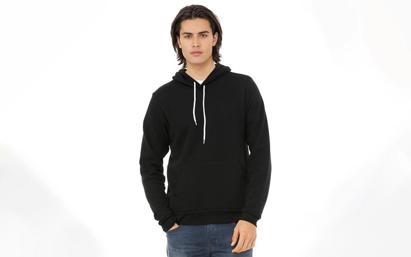 A man wearing black pull over hoodie