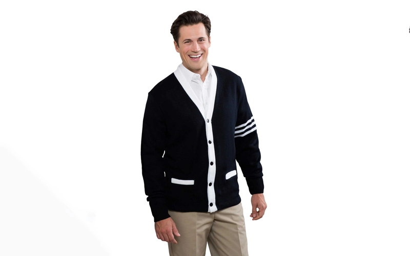 a man wearing a white shirt and and a Unisex Cardigans on it
