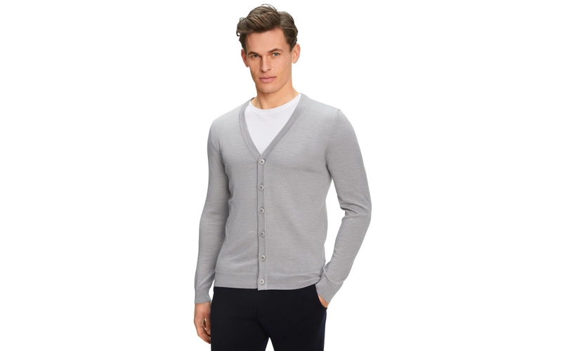 A man wearing a light gray color V-neck Cardigan