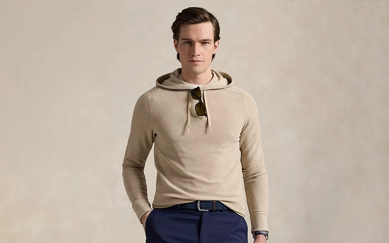 man wearing skin color waffle knit hoodie