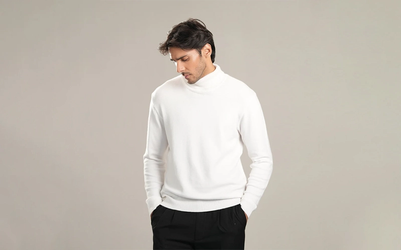 a man wearing pure white color Turtle-neck or Roll-neck Sweater