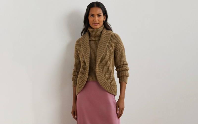 women wearing pink color skirtnand a brown color Shawl Collar Cardigan
