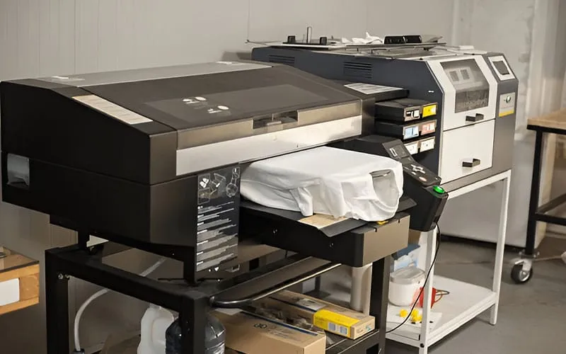  High-quality image showing a DTG printer in action, printing intricate designs directly onto fabric. Ideal for custom apparel printing with vibrant, durable colors.