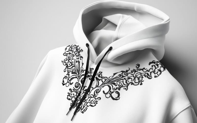 Close-up of a white hoodie with intricate black embroidery on the chest area, featuring floral and swirl patterns
