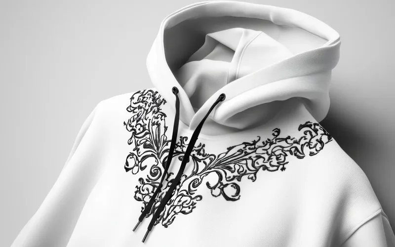 Close-up of a white hoodie with intricate black embroidery on the chest area, featuring floral and swirl patterns