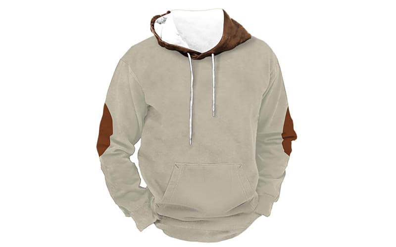 A beige hoodie with brown elbow patches and a contrasting white and brown hood, featuring a front pocket and drawstrings