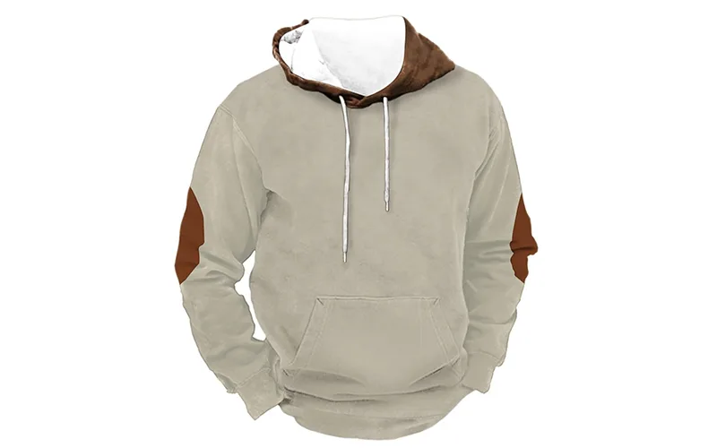 A beige hoodie with brown elbow patches and a contrasting white and brown hood, featuring a front pocket and drawstrings