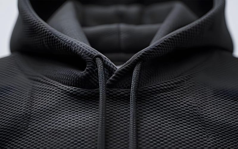 Close-up of a black hoodie featuring lace-up detailing along the front, adding a stylish touch to the design.