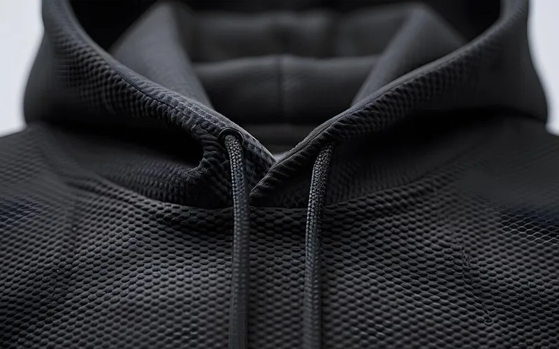 Close-up of a black hoodie featuring lace-up detailing along the front, adding a stylish touch to the design.