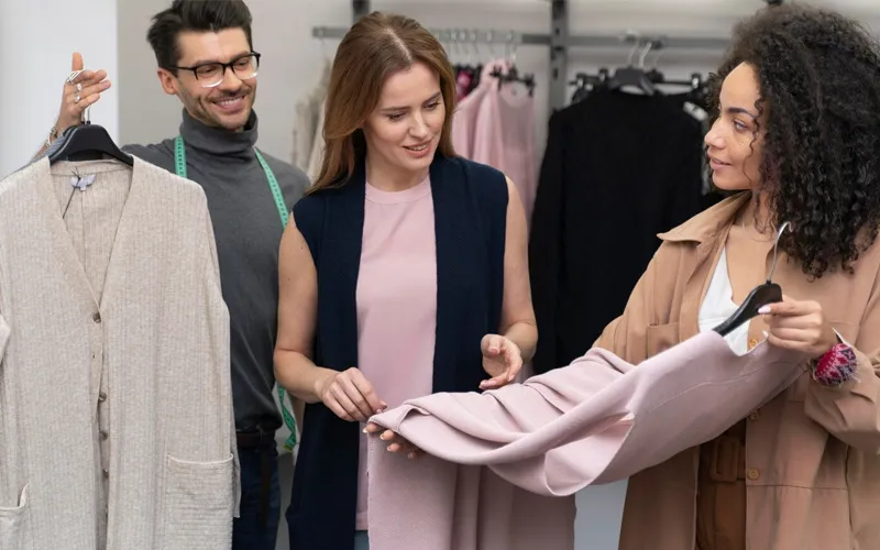 A person creating marketing strategies or working on digital promotion for a clothing brand, with visuals related to social media, ads, and branding.