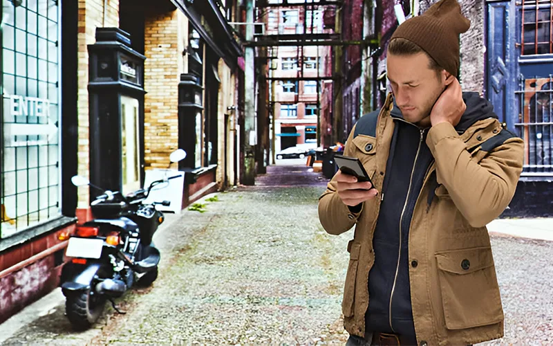 A man wearing a beige motorcycle hoodie, standing outdoors in a city alley, looking at his phone with a relaxed posture, a motorcycle in the background.