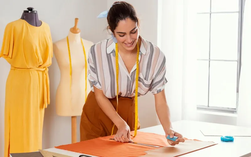 A close-up of a designer working on pattern making for clothing, illustrating the technical process of creating garment patterns before production.