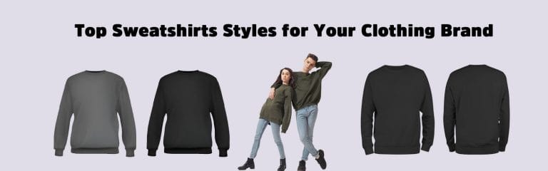 Different sweatshirt styles displayed for a clothing brand, featuring gray and black designs with models wearing them.