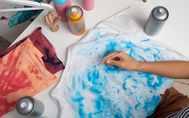 A person painting a white acrylic fabric t-shirt, adding vibrant blue and red colors to create a unique design