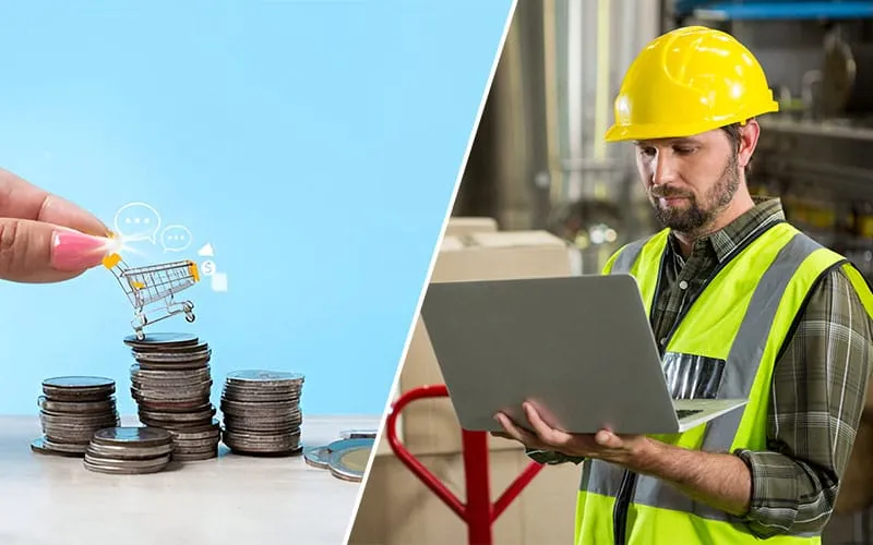 A split image showing two different concepts. On the left, a hand places a small shopping cart on top of a stack of coins, representing financial decisions and cost analysis. On the right, a man in a yellow hard hat and safety vest uses a laptop, indicating production capacity management and operational oversight in industrial settings.
