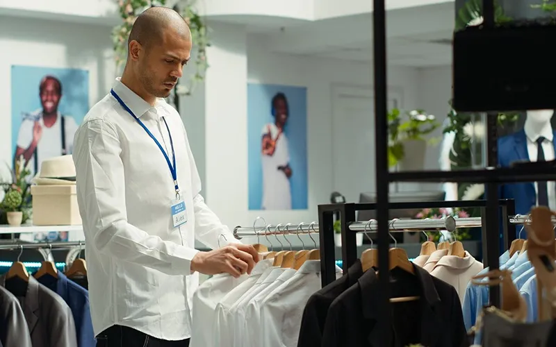 A man shopping at a street market, browsing clothes on a rack under a tent, with various colorful shirts displayed