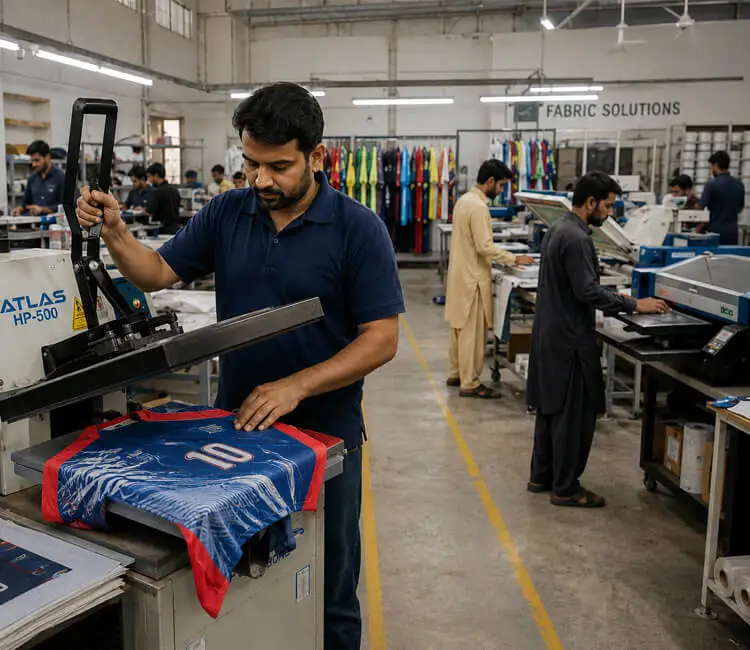 dtf printing workers transfering logo at the fabric in foxedo sports factory