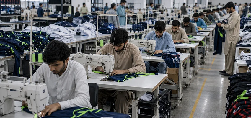 Sportswear stitching line with industrial sewing machines and production staff