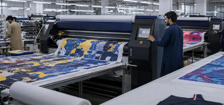 In-house sublimation printing machines used for custom sportswear manufacturing