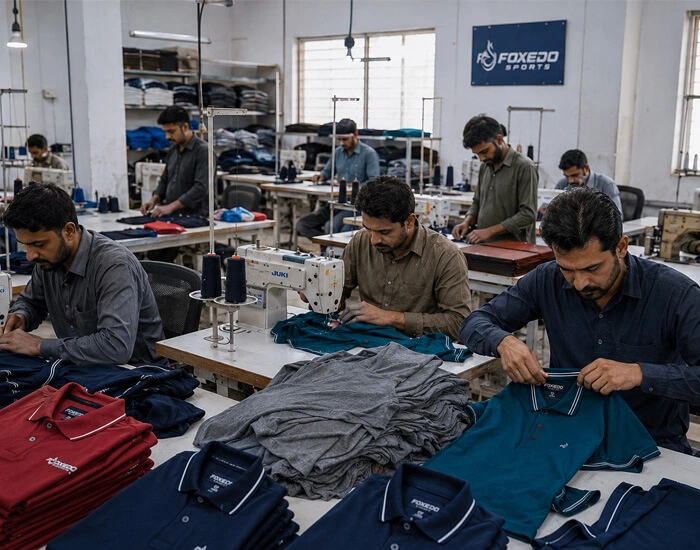 workers making polo shirts in foxedo sports factory